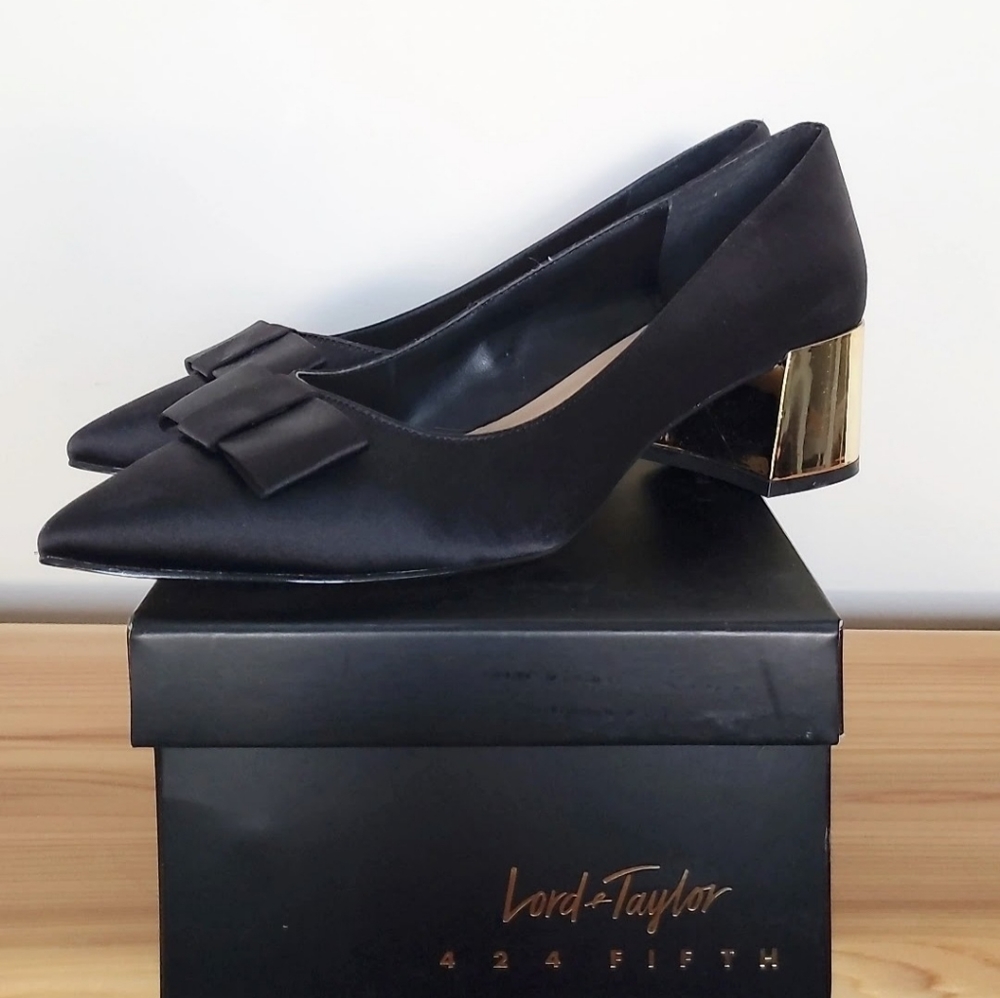 Lord and Taylor 424 Fifth Darcy Black Satin Heels. Brand New in Box, Size 8.